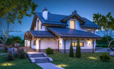 dağ evi tarzı modern rahat evde 3D render 