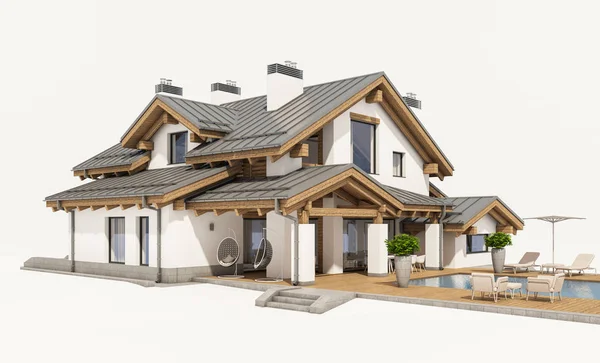 3D візуалізація сучасного затишного будинку в стилі шале — стокове фото