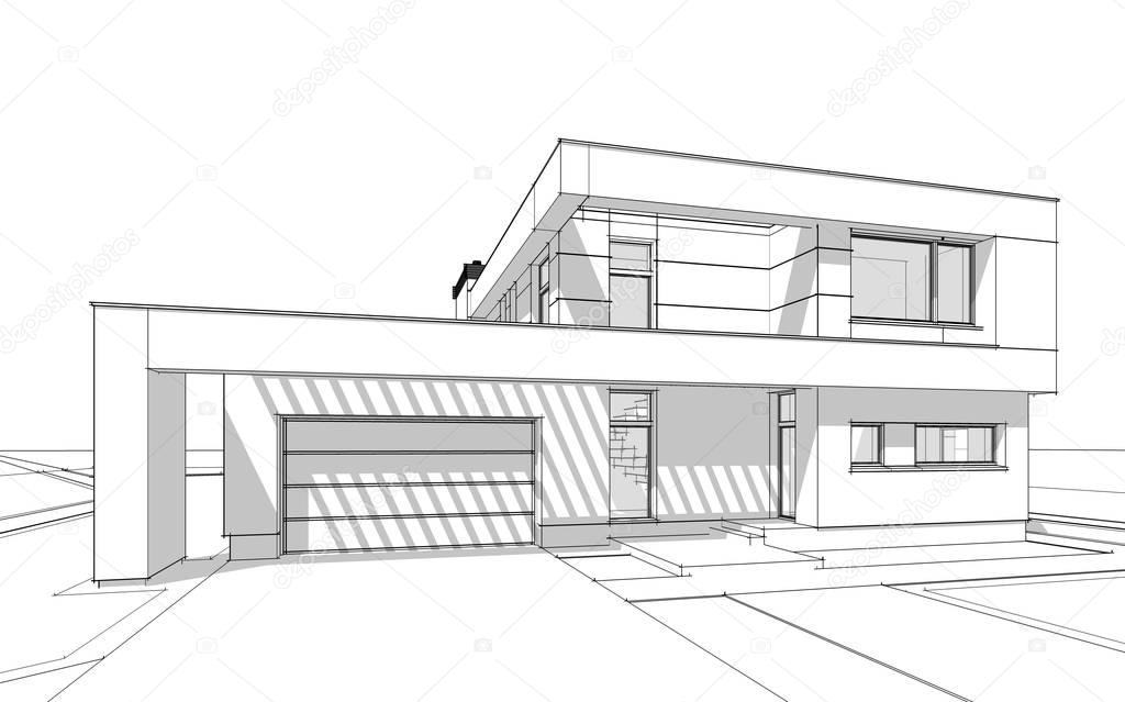 3d rendering sketch of modern cozy house.
