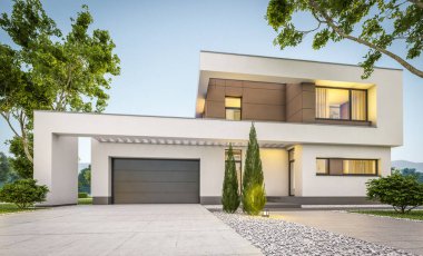 modern ev 3D render akşam