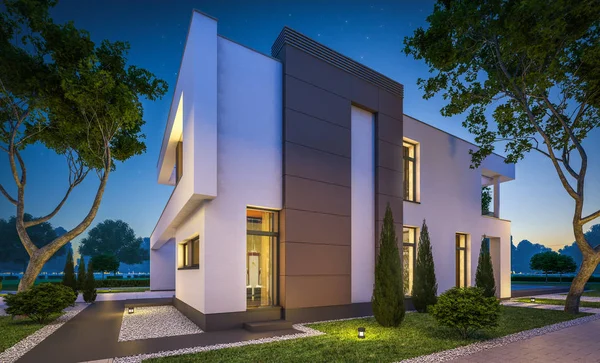 3D-Darstellung moderner Häuser in der Nacht — Stockfoto