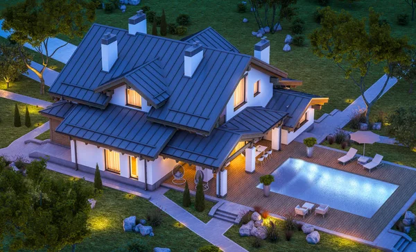 3D-Rendering von modernen gemütlichen Haus im Chalet-Stil — Stockfoto