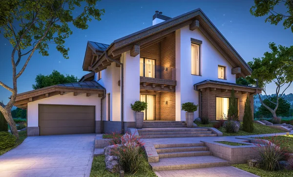 dağ evi tarzı modern rahat evde 3D render 