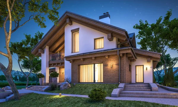 dağ evi tarzı modern rahat evde 3D render 