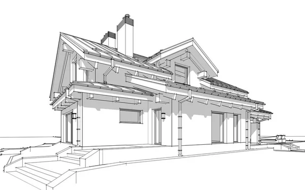 3D render-skiss av moderna mysiga hus i chalet-stil — Stockfoto