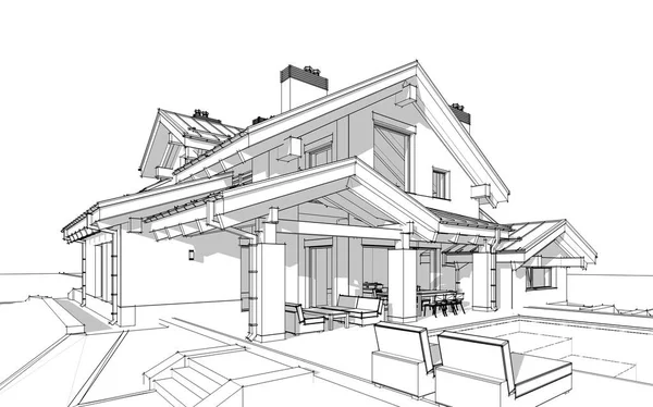 Rendere 3D schizzo di casa moderna accogliente in stile chalet — Foto Stock