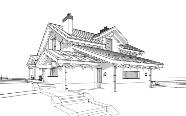 Szkic 3D render o nowoczesny, przytulny dom w stylu domku — Zdjęcie stockowe