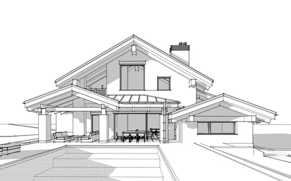 3D render sketch of modern cozy house in chalet style — Stock Photo, Image