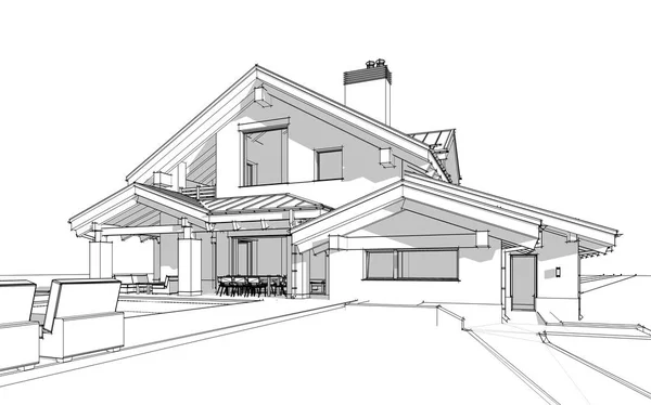 3D render sketch of modern cozy house in chalet style — Stock Photo, Image