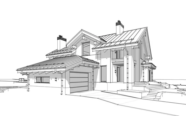 샬레 스타일에 현대적인 아늑한 집의 3d 렌더링 스케치 — 스톡 사진