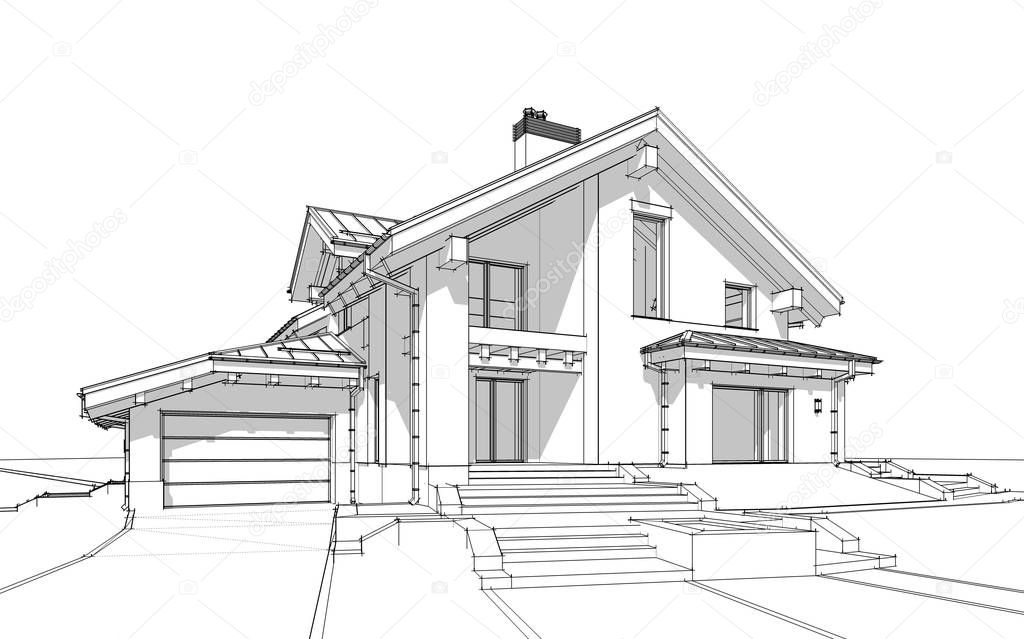 3D render sketch of modern cozy house in chalet style