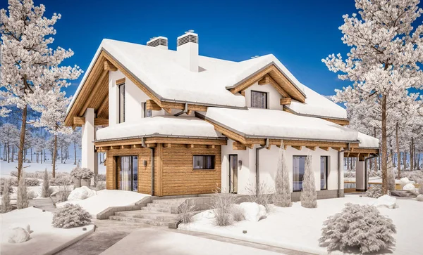 dağ evi tarzı modern rahat evde 3D render 