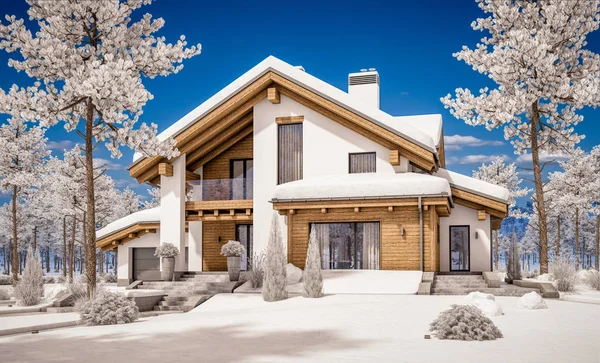 dağ evi tarzı modern rahat evde 3D render 