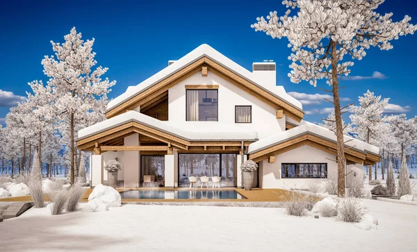 dağ evi tarzı modern rahat evde 3D render 