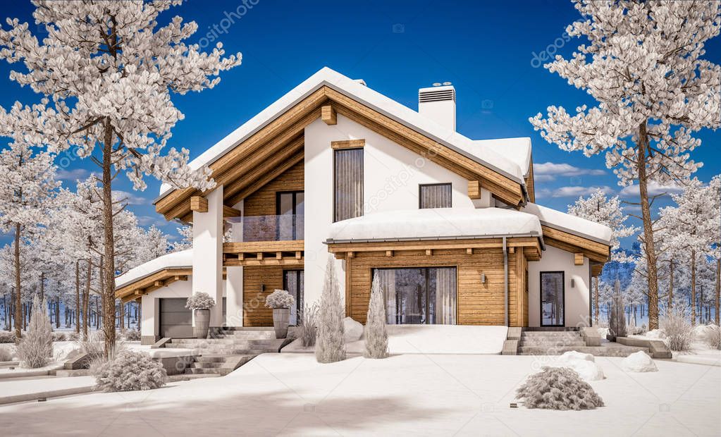3d rendering of modern cozy house in chalet style 