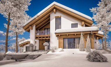 dağ evi tarzı modern rahat evde 3D render 