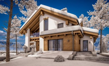 dağ evi tarzı modern rahat evde 3D render 