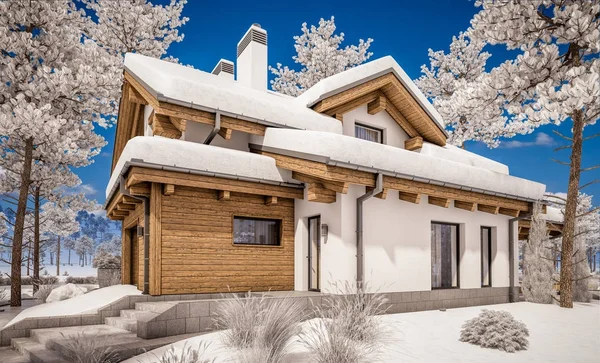 3D-Rendering von modernen gemütlichen Haus im Chalet-Stil — Stockfoto