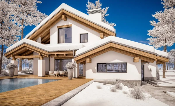 3D-Rendering von modernen gemütlichen Haus im Chalet-Stil — Stockfoto