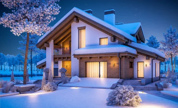 3D-Rendering von modernen gemütlichen Haus im Chalet-Stil — Stockfoto