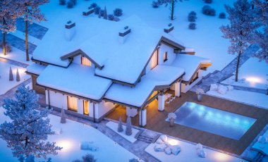 dağ evi tarzı modern rahat evde 3D render 
