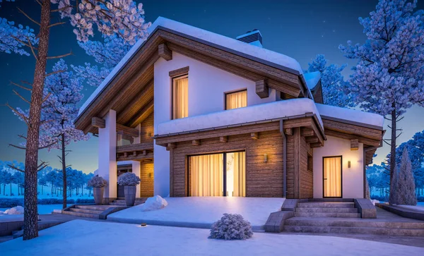 3D-Rendering von modernen gemütlichen Haus im Chalet-Stil — Stockfoto