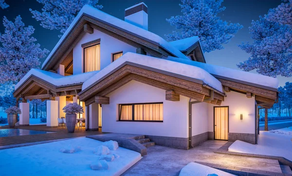 3D-Rendering von modernen gemütlichen Haus im Chalet-Stil — Stockfoto