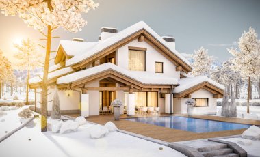 dağ evi tarzı modern rahat evde 3D render 