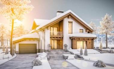 dağ evi tarzı modern rahat evde 3D render 