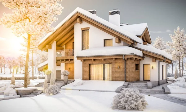 3D vykreslování moderní útulný dům ve stylu horské chaty — Stock fotografie