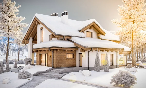 3D vykreslování moderní útulný dům ve stylu horské chaty — Stock fotografie