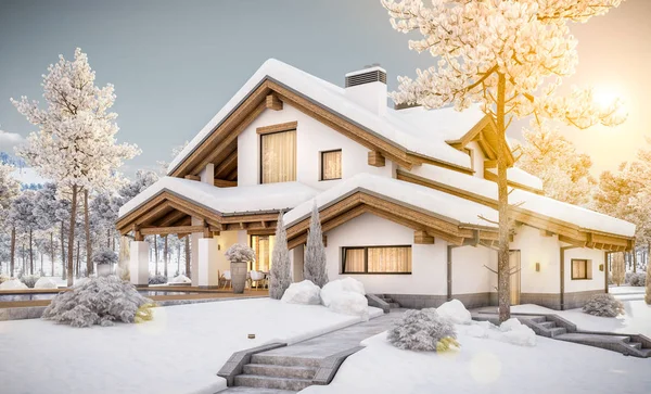 Renderingu 3D nowoczesny, przytulny dom w stylu domku — Zdjęcie stockowe