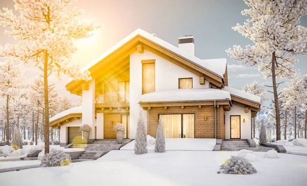 3D-Rendering von modernen gemütlichen Haus im Chalet-Stil — Stockfoto