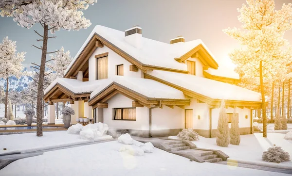 3D-Rendering von modernen gemütlichen Haus im Chalet-Stil — Stockfoto