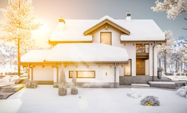 3D-Rendering von modernen gemütlichen Haus im Chalet-Stil — Stockfoto