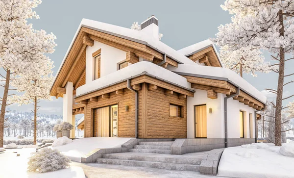 3d rendering of modern cozy house in chalet style — Stock Photo, Image