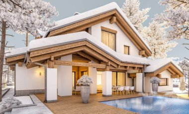 dağ evi tarzı modern rahat evde 3D render 