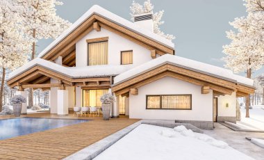 dağ evi tarzı modern rahat evde 3D render 