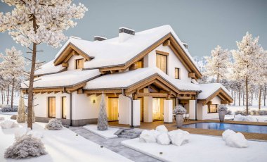 dağ evi tarzı modern rahat evde 3D render 