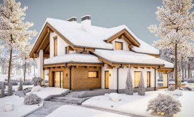 dağ evi tarzı modern rahat evde 3D render 