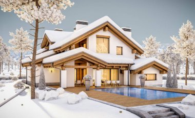 dağ evi tarzı modern rahat evde 3D render 