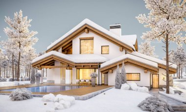 dağ evi tarzı modern rahat evde 3D render 