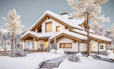 dağ evi tarzı modern rahat evde 3D render 