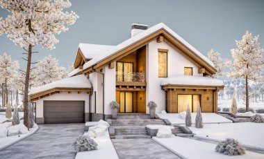 dağ evi tarzı modern rahat evde 3D render 