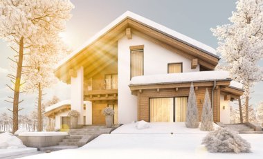 dağ evi tarzı modern rahat evde 3D render 