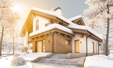 dağ evi tarzı modern rahat evde 3D render 