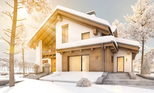 3D-Rendering von modernen gemütlichen Haus im Chalet-Stil — Stockfoto