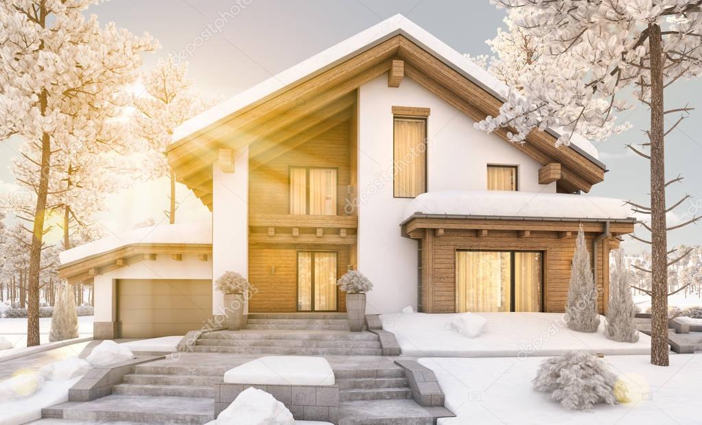 3d rendering of modern cozy house in chalet style 