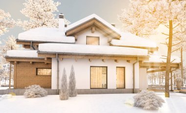 dağ evi tarzı modern rahat evde 3D render 