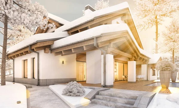 3D-Rendering von modernen gemütlichen Haus im Chalet-Stil — Stockfoto